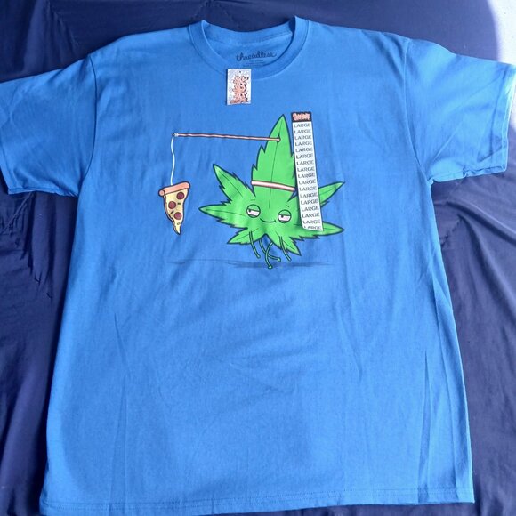 ThreadLess Weed Plant/Pizza Blue Short Sleeve Blue T-Shirt NWT - Picture 1 of 5
